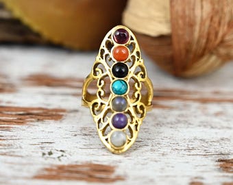 Seven Gemstone Chakra Ring: Sterling Silver Yoga Jewelry
