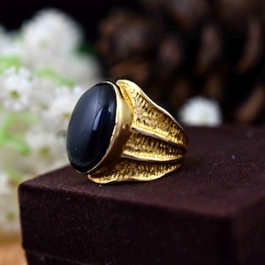 Black Obsidian Ring: Wide Band Gold Brass Ring