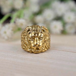 ゴールド ライオン シグネット メンズ リング、ライオン ゴールド ジュエリー、ライオン ゾディアック ギフト、ミニマリスト ピンキー シグネット リング、レオ ゾディアック リング、男性用ピンキー ゴールド リング