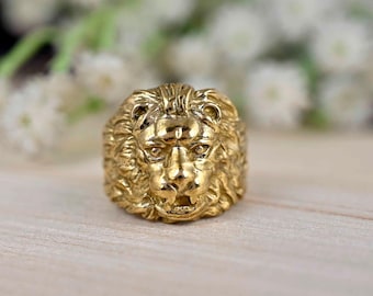 10Kイエローゴールドヴィンテージライオンリング、ゴールドレオリング