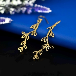 Minimalist leaf earrings,  gold leaf earrings, gold earrings dangle, gold dangle earrings,  statement earrings, boho earrings, jewelry gift