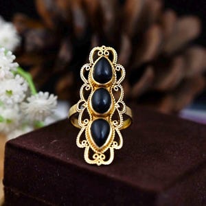 Black Obsidian Gold Ring: Wide Band Brass Ring