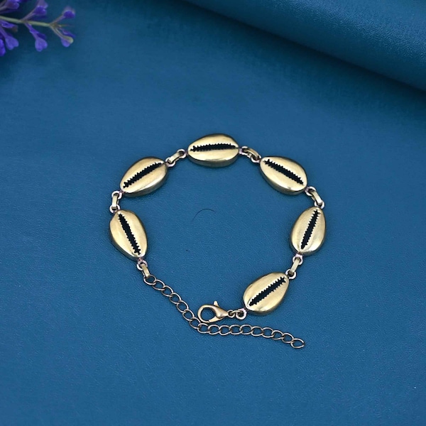 Adjustable Brass Cowrie Shell Bracelet, Dainty Summer Seashell Jewelry