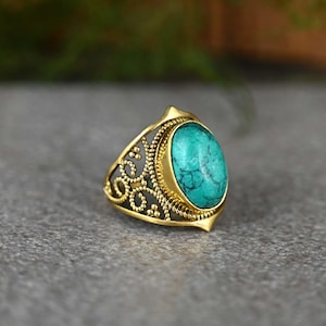 Boho Turquoise Statement Ring: Gold Plated Brass, Oval Gemstone
