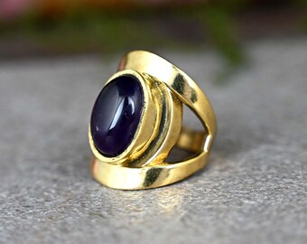 Handmade Oval Amethyst Brass Ring: Boho Gemstone Wedding Ring