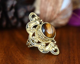 Tigerauge Statement Ring: Gold Messing Boho Ring