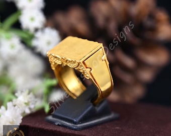 Gold Signet Ring: Unisex Brass Secret Compartment Pill Ring