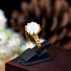 Rainbow Moonstone Gold Crown Ring: Prong Solitaire Cocktail Ring