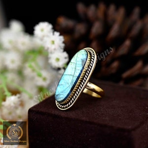 Oval Labradorite Brass Ring: Boho Statement Jewelry