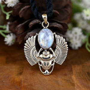Golden Scarab Necklace / Moonstone Scarab Pendent / Talisman jewelry / Third Eye / Boho / Inca / Ethnic / Illuminati