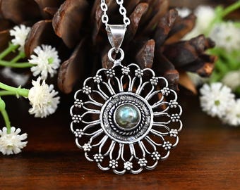 Mandala Pendant With Semi-Precious Stones. Round Boho Brass Pendant.