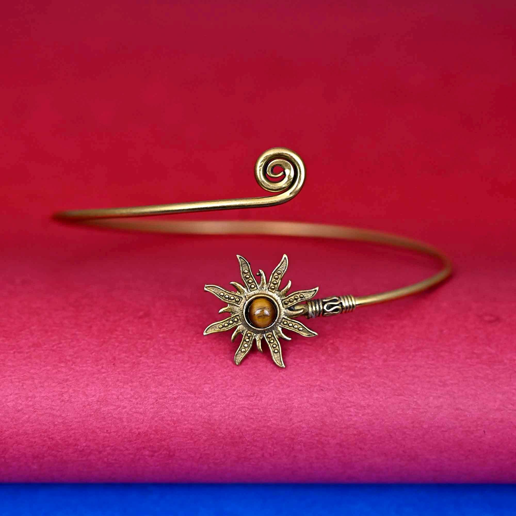 Gold Sunburst Arm Cuff: Tigers Eye Gemstone Boho Bracelet