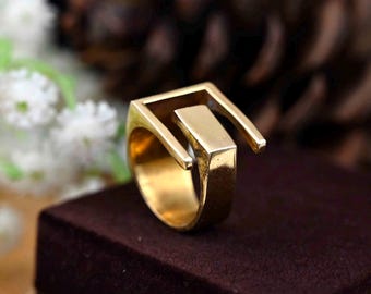 Antique Gold GEOMETRIC Ring, Big Statement Abstract Modern Ring Boho jewelry - Gift for her, Unisex Strudy Large Square Wide band ring
