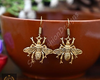 Gold Hoop Bee Earrings - Brass Honeycomb Jewelry