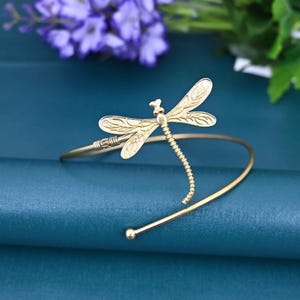 Dragonfly Arm Cuff: Minimalist Brass Armlet, Gold Plated Adjustable Bangle