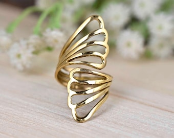 Brass Angel Wing Ring: Adjustable Boho Feather Ring