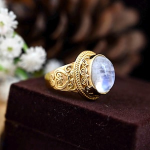 Rainbow Moonstone Stone Brass Ring