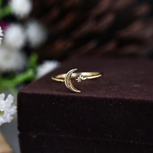 Dainty Gold Moon and Star Ring: Celestial Brass Cuff