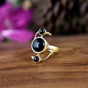 Black Obsidian Brass Ring: Boho Gemstone Ring