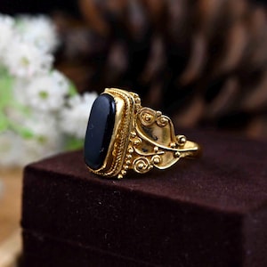 Black Obsidian Gemstone Brass Ring: Large Stone Statement Jewelry
