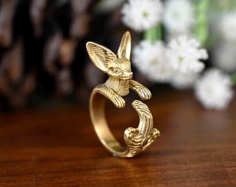 Gold Bunny Ring: Dainty Brass Rabbit Jewelry, Animal Lover Gift