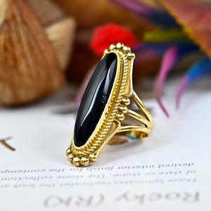 Handmade Black Obsidian Brass Ring: Vintage Triple Band Statement Ring