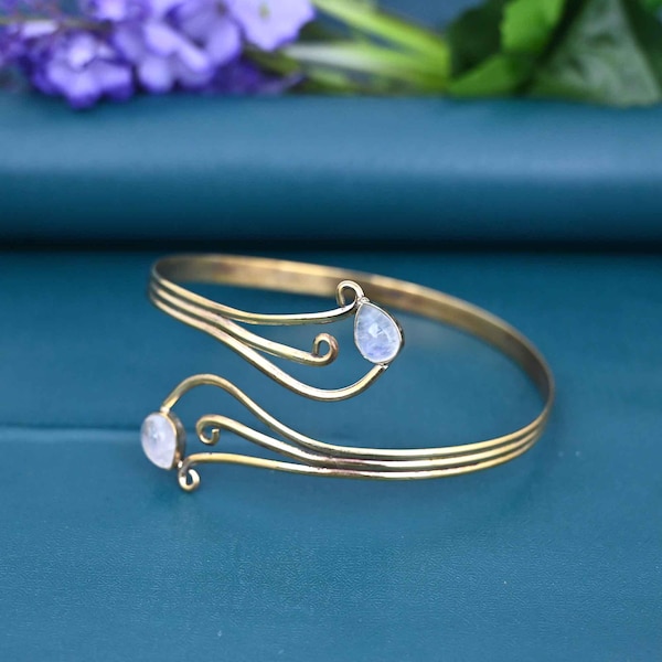 Rainbow Moonstone Silver Arm Cuff: Adjustable Boho Armband