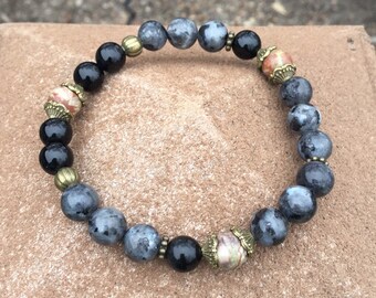 Larvakite bracelet with ryolite and rainbow obsidian