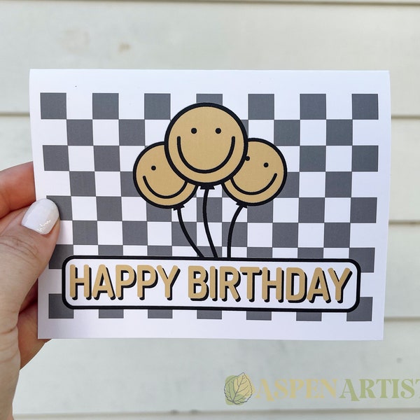 Smiley face birthday card - smiley face birthday - smiley face balloon card - birthday card checkerboard - checkered birthday card