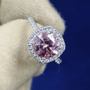 Handmade 2ct Pink Moissanite Halo Ring - White Gold Promise Ring