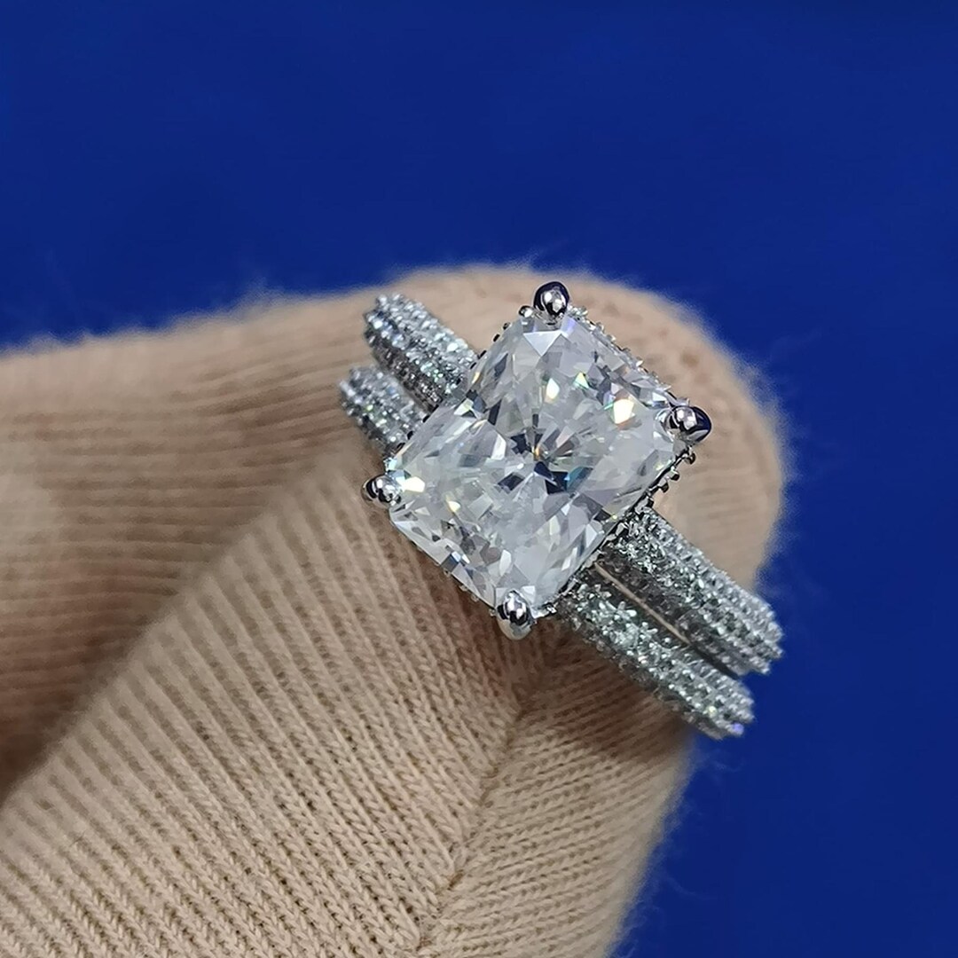 Radiant Cut Moissanite Bridal Ring Set: 14K White Gold Eternity Band - Etsy