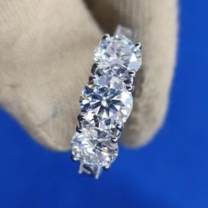 Moissanite Anniversary Ring: 2.50 TCW Three Stone 9K Solid Gold