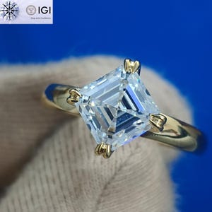 IGI 2CT Asscher Cut Lab Grown Diamond Engagement Ring: Wide Band, E VS1