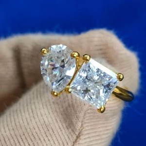 Toi et Moi Moissanite Ring: Pear & Princess Cut Double Stone Engagement Ring