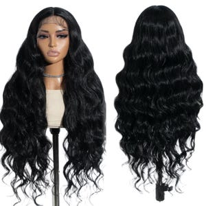 Lace Front Wig Heat Resistant Wig Deep Part Front Lace Wig 32” Long Light Wavy Baby Hair Pre-plucked Black Wavy Wig HD Transparent Lace