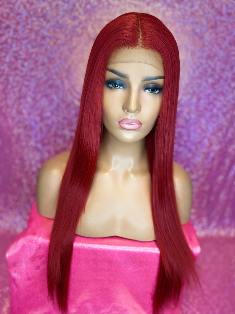 Lace Front Wig Red Long Straight Full Lace Wig Custom Front Lace Wig Human Hair Blend Front Lace