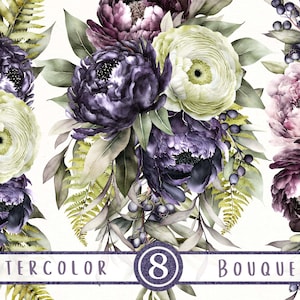 Clipart di disposizione di mazzi floreali dell'acquerello, peonie viola scuro prugna ranuncolo verde clipart, inviti di nozze, uso commerciale gratuito
