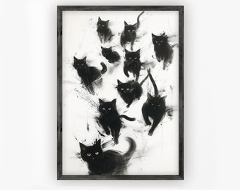 Black Cat Illustration, Cute Cat Art, Minimalist Printable Art, Ink Watercolor Painting, Digital Download