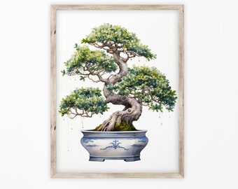 Ilustración de bonsái en acuarela imprimible, arte mural de bonsái, arte japonés en acuarela, descarga digital