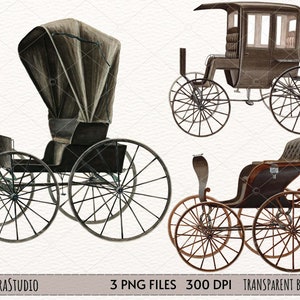 Acquerello Horse Buggy Clipart, passeggino vintage, clipart carrozza antica vintage, carrozza trainata da cavalli, download istantaneo PNG