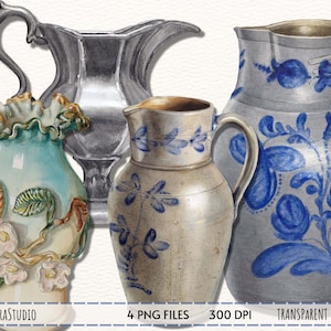 Op de afbeelding: Vier vintage keramische kannen met verschillende ontwerpen. Eén is zilver, één is blauw en wit, één is groen en wit en één is bruin en wit.