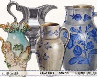 Watercolor Pitcher Clipart, ceramic pitcher clipart, milk pitcher, decor, flower container, decorative elements for instant download PNG