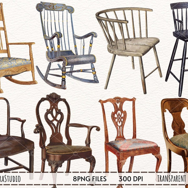 Furniture Clipart, Vintage Chair Clipart, watercolor chair, Antique watercolor chair, Decorative elements for instant download PNG
