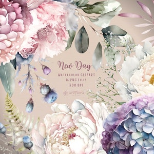 Aquarell Blumen Clipart, Pfingstrosen Rosen Hortensie Clipart, rosa weiß blaue Blumen, Hochzeit Clipart, Sofortiger download PNG