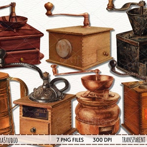 Puede incluir: Siete molinillos de café vintage con diferentes diseños y colores. Algunos son de madera, otros de metal. Tienen una manivela y una tolva para granos de café.