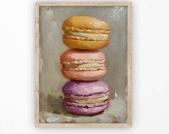 May include: A stack of three macarons, painted in a realistic style. The macarons are yellow, pink, and purple, and they are arranged in a pyramid shape. The macarons are set against a gray background.