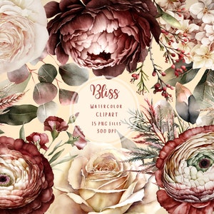 Aquarell Blumen Clipart, Ranunkel Rosen Hortensie Clipart, bordeaux Blumen, Hochzeit Clipart, dekorative Elemente zum sofortigen download