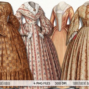 Watercolor Brown Dresses clipart, Victorian Vintage Fashion, Dresses Illustrations, Scrapbooking ephemera, Instant download PNG