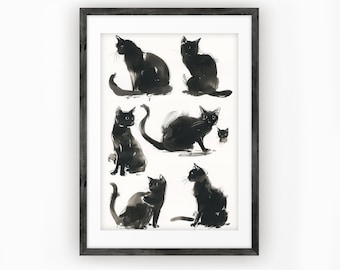 Black Cat Illustration, Cute Cat Art,  Minimalist Printable Art, Ink Watercolor Painting, Digital Download