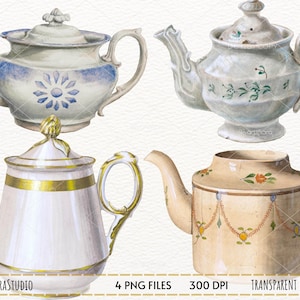 Watercolor Teapot Clipart, antique teapot clipart, tableware clipart, tea time tea party, decorative elements for instant download PNG